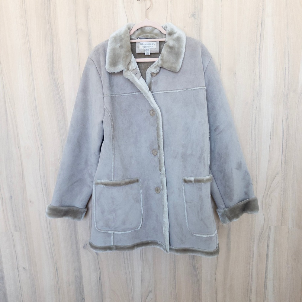 Vintage Mulberry Street Womens Coat L Beige Faux Suede Faux Fur Trim Winter Cozy